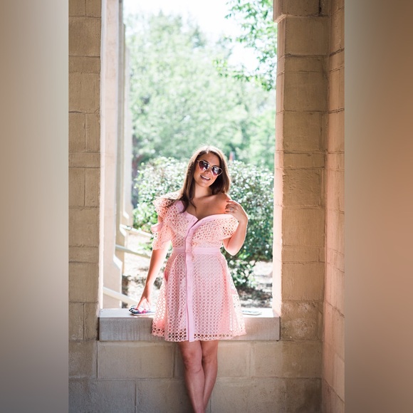 Self-Portrait | Lace Frill Asymmetric Cold-Shoulder Fit & Flare Pink Mini Dress - Picture 3 of 16